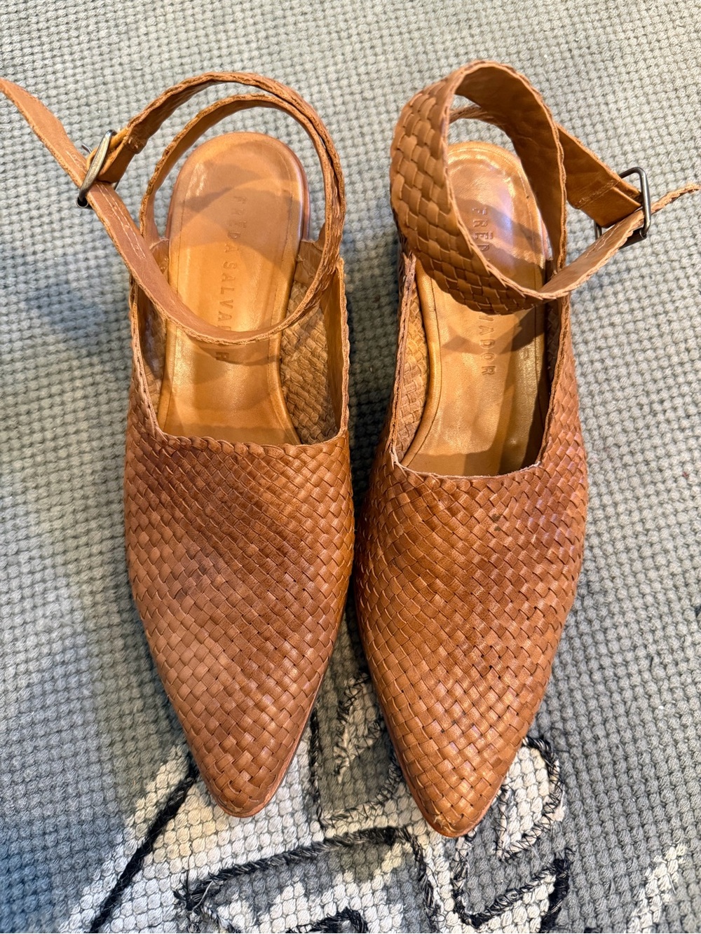 Freda Salvador Woven Pointed-Toe Ankle-Strap Mules in Tan- Size 10